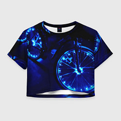 Футболка 3D укороченная женская Синяя подсветка колёс, цвет: 3D-принт