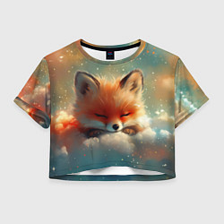 Футболка 3D укороченная женская Лисенок спит на облаке, цвет: 3D-принт