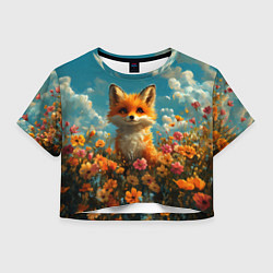 Футболка 3D укороченная женская Лисица в цветочном поле, цвет: 3D-принт