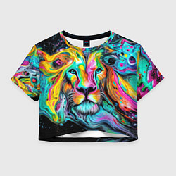 Футболка 3D укороченная женская Абстрактная морда льва - яркие психоделические цве, цвет: 3D-принт