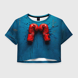 Футболка 3D укороченная женская Бойцовские перчатки на синем, цвет: 3D-принт