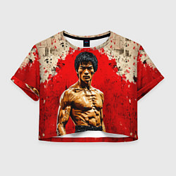 Футболка 3D укороченная женская Брюс Ли на красном, цвет: 3D-принт