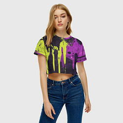 Футболка 3D укороченная женская Желтая и фиолетовая краска на черном, цвет: 3D-принт — фото 2