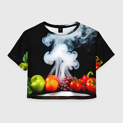 Футболка 3D укороченная женская Здоровое питание на черном в дыму, цвет: 3D-принт