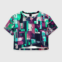 Футболка 3D укороченная женская Абстракция бирюзовый с розовым геометричный, цвет: 3D-принт