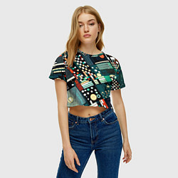 Футболка 3D укороченная женская Тёмно-синий абстракция полосы кружочки, цвет: 3D-принт — фото 2