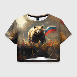 Футболка 3D укороченная женская Русский медведь в поле, цвет: 3D-принт