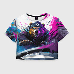 Футболка 3D укороченная женская Злой медведь и краски, цвет: 3D-принт