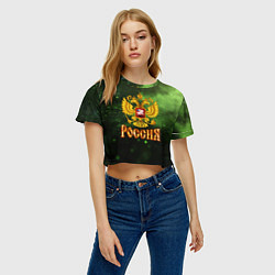 Футболка 3D укороченная женская Герб России на зеленом с частицами фоне, цвет: 3D-принт — фото 2