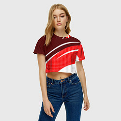 Футболка 3D укороченная женская Красно-белый абстрактный с полосами, цвет: 3D-принт — фото 2