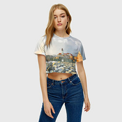 Футболка 3D укороченная женская Маяк и камни на пляже - акварельный рисунок, цвет: 3D-принт — фото 2