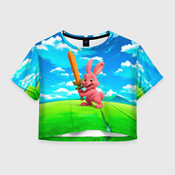 Футболка 3D укороченная женская Розовый заяц с мечом из морковки, цвет: 3D-принт