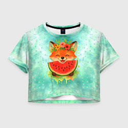 Футболка 3D укороченная женская Веселая лисичка ест арбуз, цвет: 3D-принт