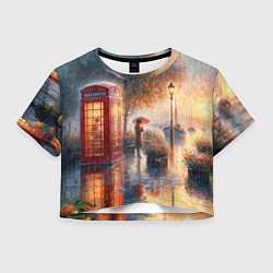 Футболка 3D укороченная женская Красная телефонная будка на набережной, цвет: 3D-принт
