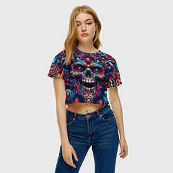 Футболка 3D укороченная женская Colorful cyber skull - pattern, цвет: 3D-принт — фото 2