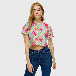 Футболка 3D укороченная женская Palm yellow pink, цвет: 3D-принт — фото 2