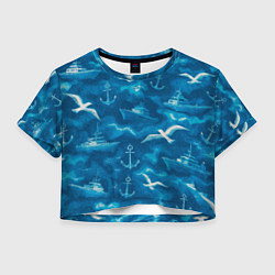 Футболка 3D укороченная женская Морской камуфляж акварелью, цвет: 3D-принт