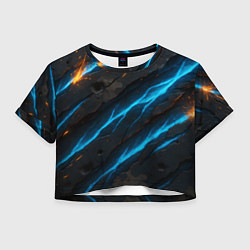 Футболка 3D укороченная женская Камуфляж с неоновыми синими вставками, цвет: 3D-принт