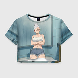 Футболка 3D укороченная женская Дандадан бабушка в ванной, цвет: 3D-принт