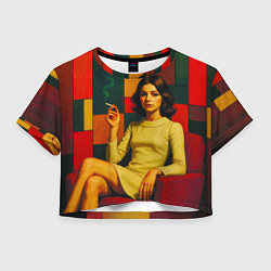 Футболка 3D укороченная женская Девушка в кресле ретро поп-арт 1970-е, цвет: 3D-принт