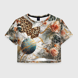 Футболка 3D укороченная женская Мрамор с цветами и леопардовый узор, цвет: 3D-принт