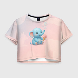 Футболка 3D укороченная женская Маленький слоненок с мороженым пускает пузыри, цвет: 3D-принт