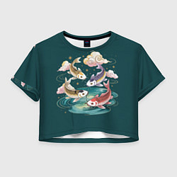 Футболка 3D укороченная женская Рыбы в облаках над прудом, цвет: 3D-принт