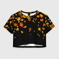 Футболка 3D укороченная женская Осенние листья на черном, цвет: 3D-принт