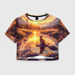 Футболка 3D укороченная женская Котёнок на камушке глядит на золотые лучи, цвет: 3D-принт