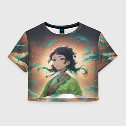 Футболка 3D укороченная женская Маомао на фоне облаков, цвет: 3D-принт