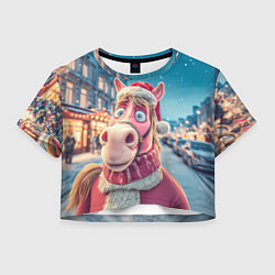 Футболка 3D укороченная женская Лошадь на фоне новогодней улицы, цвет: 3D-принт
