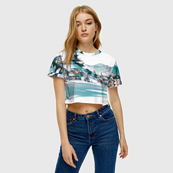 Футболка 3D укороченная женская Дома и елки - Новый год, цвет: 3D-принт — фото 2