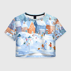 Футболка 3D укороченная женская Предновогодний день во дворе, цвет: 3D-принт