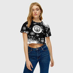 Футболка 3D укороченная женская Манчестер сити снежинки новый год, цвет: 3D-принт — фото 2