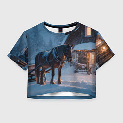 Футболка 3D укороченная женская Лошадь у избы, цвет: 3D-принт