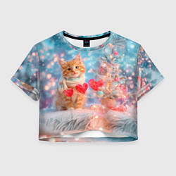 Футболка 3D укороченная женская Котенок и гирлянда из сердечек, цвет: 3D-принт