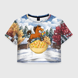 Футболка 3D укороченная женская Новогодняя лошадка прыгает через оливье, цвет: 3D-принт