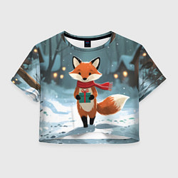 Футболка 3D укороченная женская Лисичка с подарком зимой, цвет: 3D-принт
