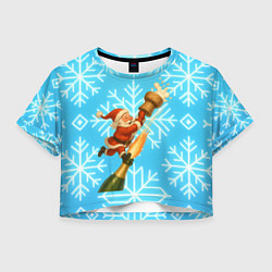 Футболка 3D укороченная женская Санта летит на пробке шампанского, цвет: 3D-принт