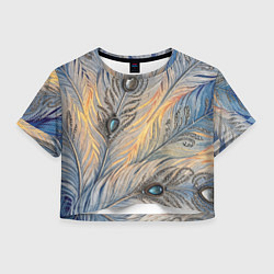 Футболка 3D укороченная женская Синие перья с самоцветами, цвет: 3D-принт