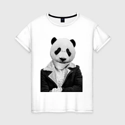 Футболка хлопковая женская Панда в свитере, цвет: белый