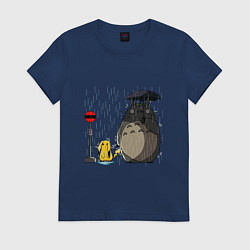 Футболка хлопковая женская Тоторо под дождём, цвет: тёмно-синий
