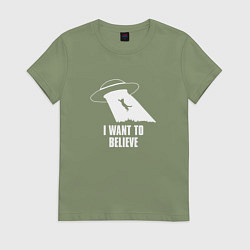 Футболка хлопковая женская I want to believe кот, цвет: авокадо