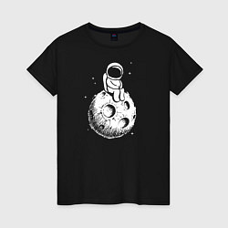 Футболка хлопковая женская Космонавт на луне, цвет: черный