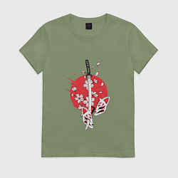 Футболка хлопковая женская Катана на фоне сакуры Z, цвет: авокадо
