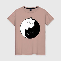 Футболка хлопковая женская Yin and Yang cats, цвет: пыльно-розовый