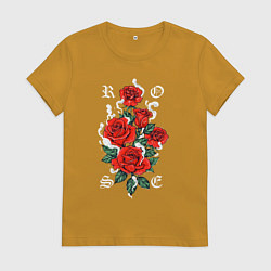Футболка хлопковая женская РОЗЫ ROSES SMOKE, цвет: горчичный
