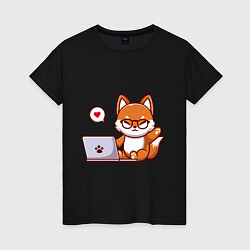 Футболка хлопковая женская Cute fox and laptop, цвет: черный