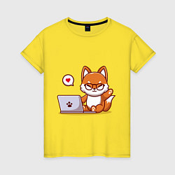 Футболка хлопковая женская Cute fox and laptop, цвет: желтый