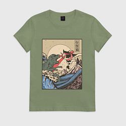 Футболка хлопковая женская Cat Kong versus Godzilla Kaiju, цвет: авокадо